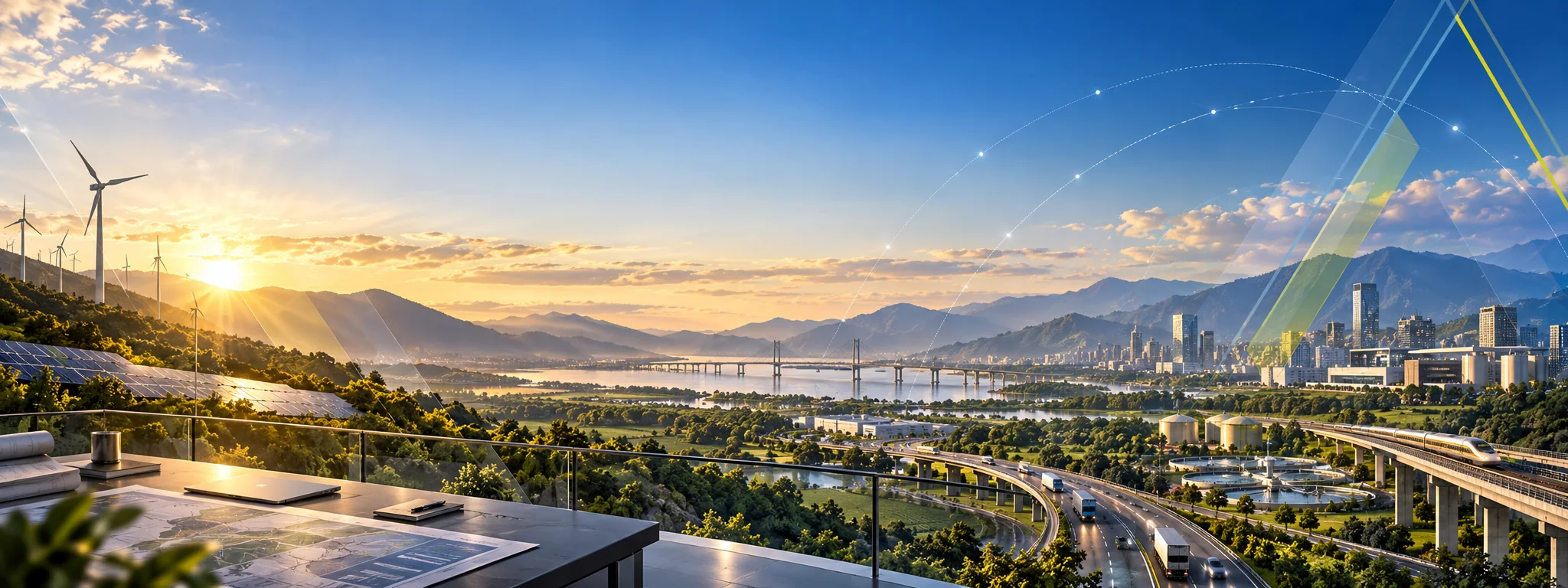 AI-generated connected infrastructure landscape representing technology transfer